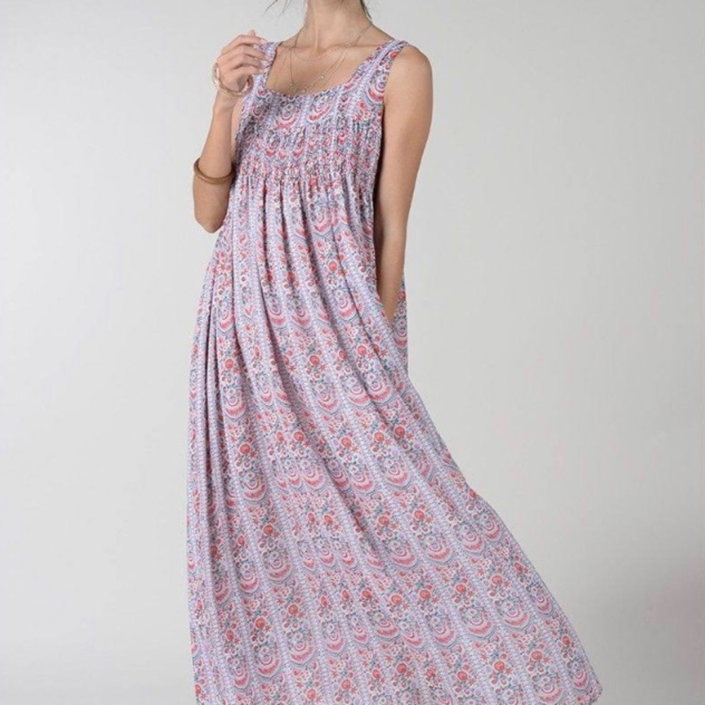 Molly Bracken | sleeveless maxi dress with smocked bodice sz L